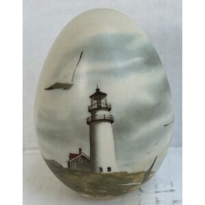 Ceramic Egg Painted Lighthouse With Ocean-Sea Gulls Signed Patchell Olsoz